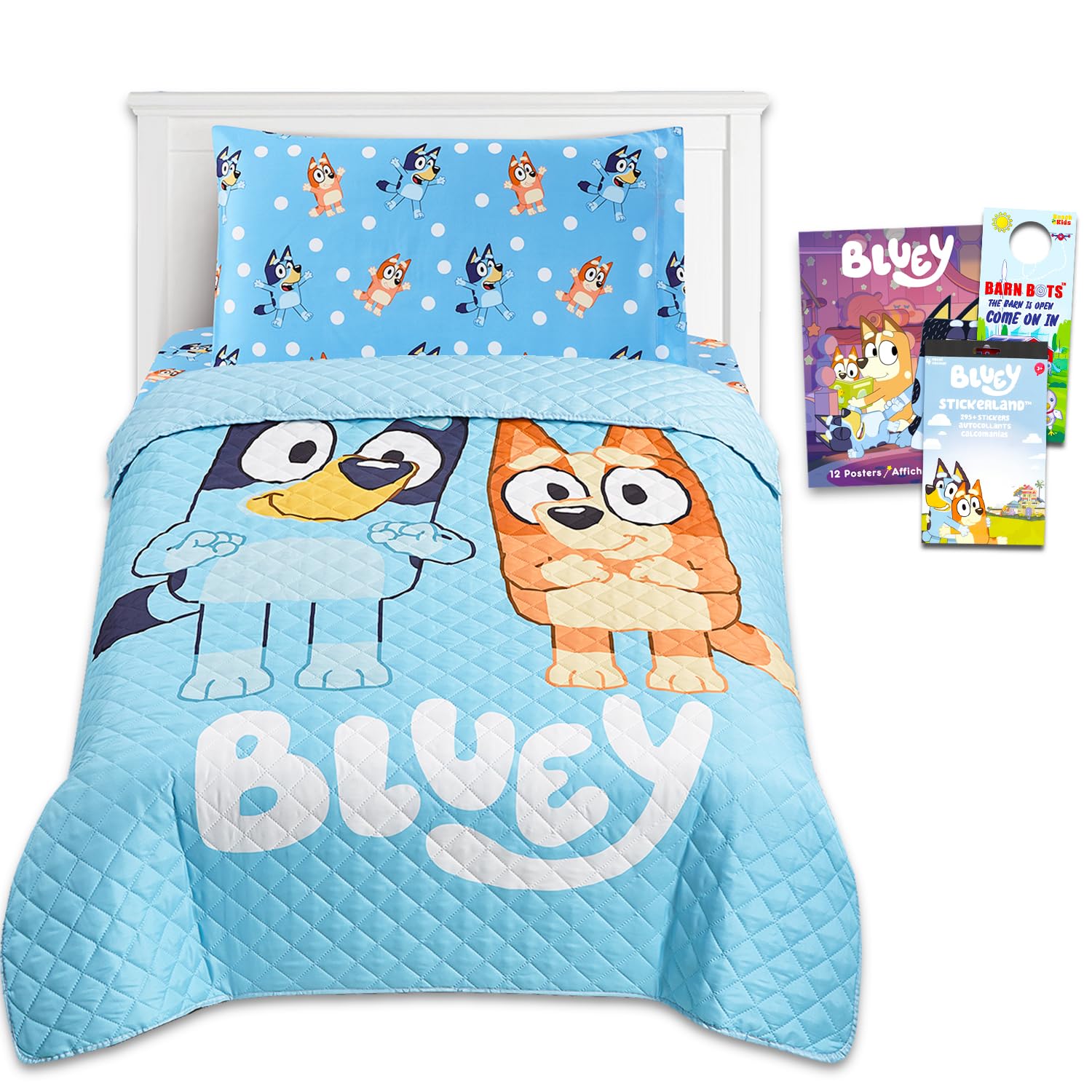 Bluey Bedding Set Twin Bed - Bundle with Bluey Room Decor with Bedspread, Flat Sheet, Fitted Sheet, Pillowcase for Twin Bed Plus Bluey Posters, Stickers, More | Bluey Bedroom Decor for Boys, Girls