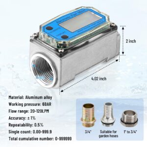 creahub 1 Inch Digital Turbine Flow Meter, Fuel Flow Meter, Water Flow Meter, Digital LCD Display Flow Rate 20-120 LPM, Adapters for Water, Gas Oil, Gasoline, Diesel and Other Liquids