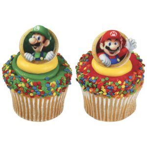 decopac super mario rings, 24 nintendo cupcake decorations featuring mario and luigi, cake toppers for birthday, gaming, party - 24 pack