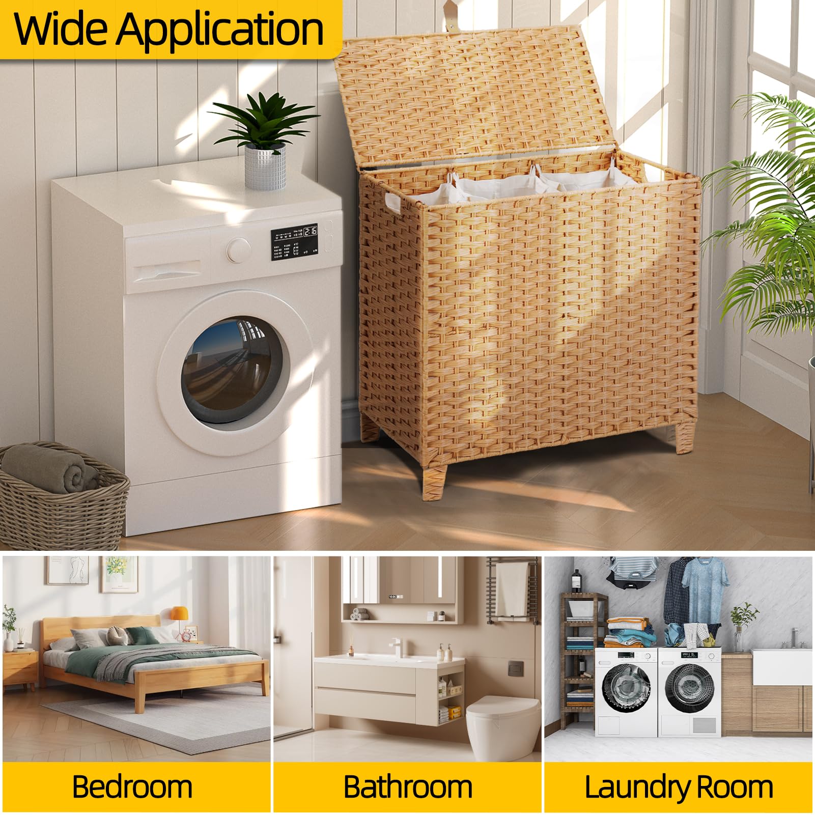 132 L Wicker Laundry Hamper with Lid 3 Section, Extra Large HandWoven Synthetic Rattan Wicker Laundry Basket with Removable Liner Bags for Bedroom Bathroom, Dirty Clothes Hampers Sorter Foldable