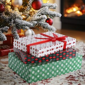 YANGTE 12 Christmas Gift Boxes with Lids for Presents Contains 6 X-Large Gift Boxes 4in Deep, 6 Large Shirt Boxes 2in Deep for Christmas, Holidays Wrapping Gifts Red, Green and White Shirt Boxes