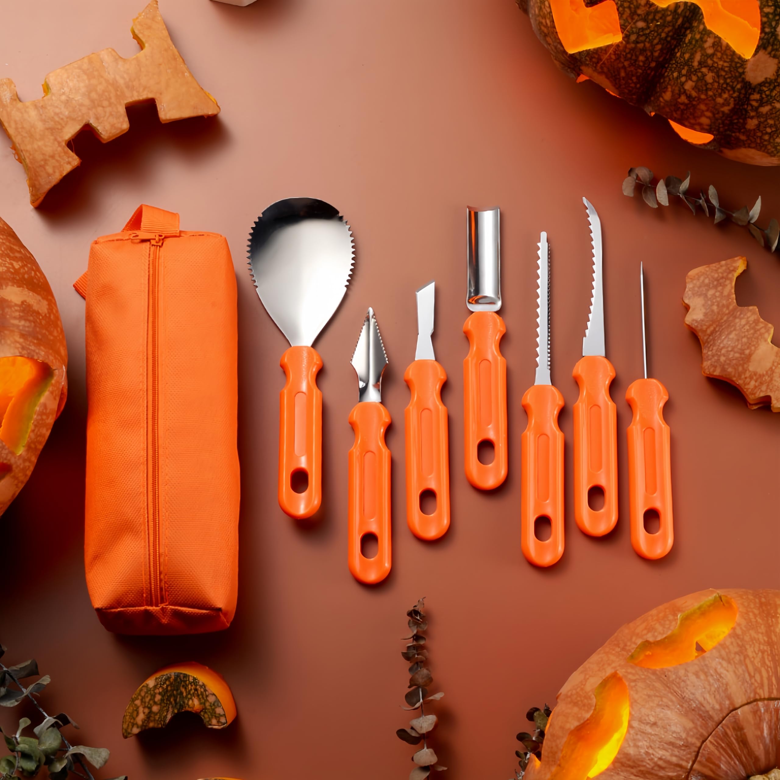 Vvinjinwujin 7 pcs multifunctional pumpkin carving kit - carving knives for pumpkin, clay, soap and wood - perfect for Halloween pumpkin cawing - ergonomic handle - full set of durable storage bags