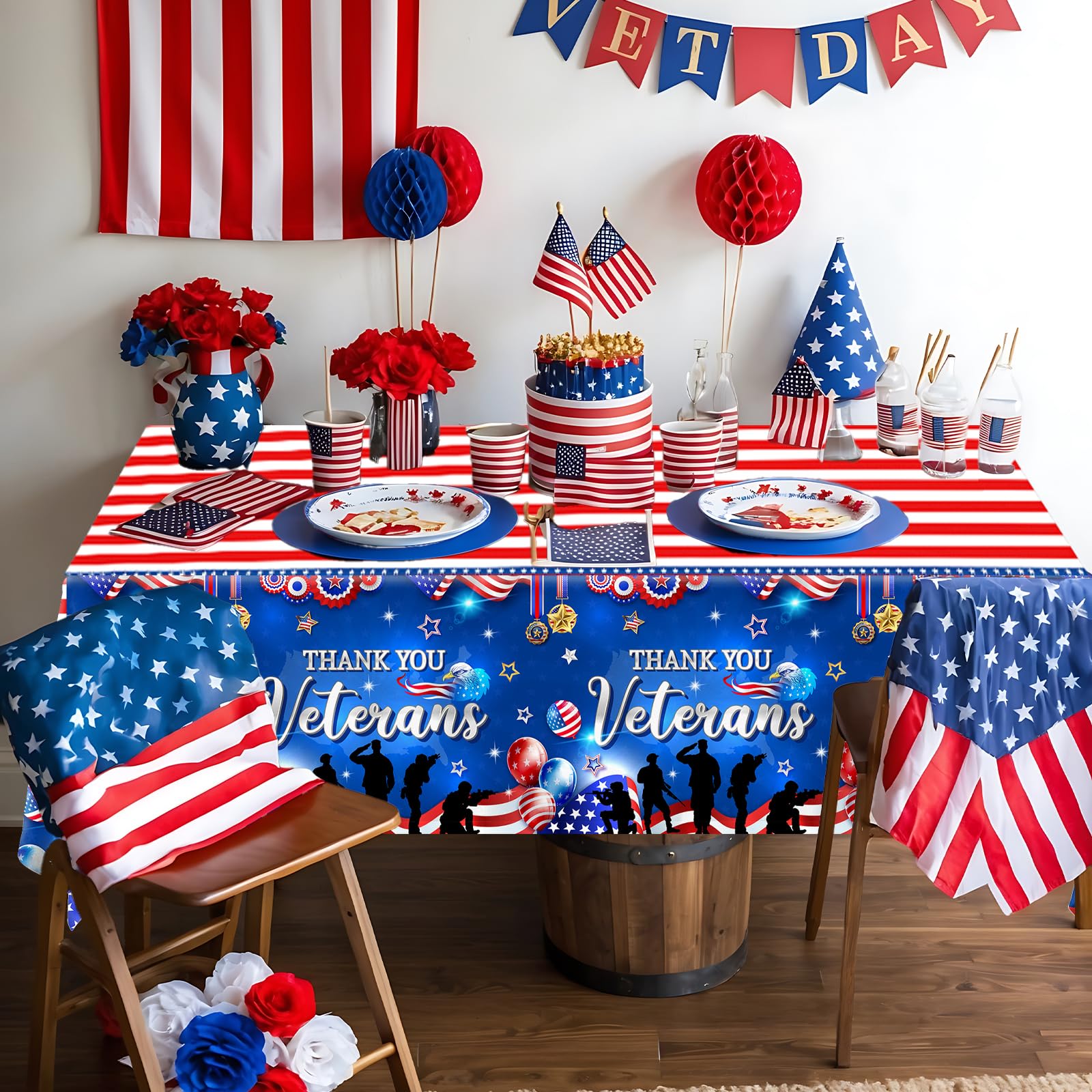 54*108 Inches Veterans Day Decorations Tablecloth, 3Pieces Thank You Veterans Tablecloth Happy Veterans Day Decorations Table Cover, Veterans Day Table Decorations for Patriotic Party Decorations