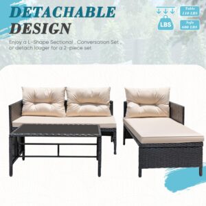 Greesum 3 Piece Patio Furniture Set Outdoor Wicker Rattan Sectional Sofa with Cushions & Coffee Table for Yard, Garden, Porch, Poolside, Light Beige