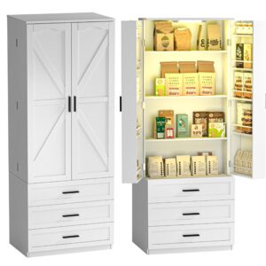 fjtjbsi 72" led kitchen pantry cabinet with 3 drawers farmhouse tall storage cabinet wood food pantry with barn doors and adjustable shelves versatile storage freestanding cupboard for kitchen