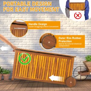 VINGLI 57 Gallon Wooden Outdoor Deck Box, Acacia Patio Storage Box with Convenient Wheels, Outdoor Storage Bin with Water-Resistant Inner Bag, Patio Deck Box for Indoors & Outdoors