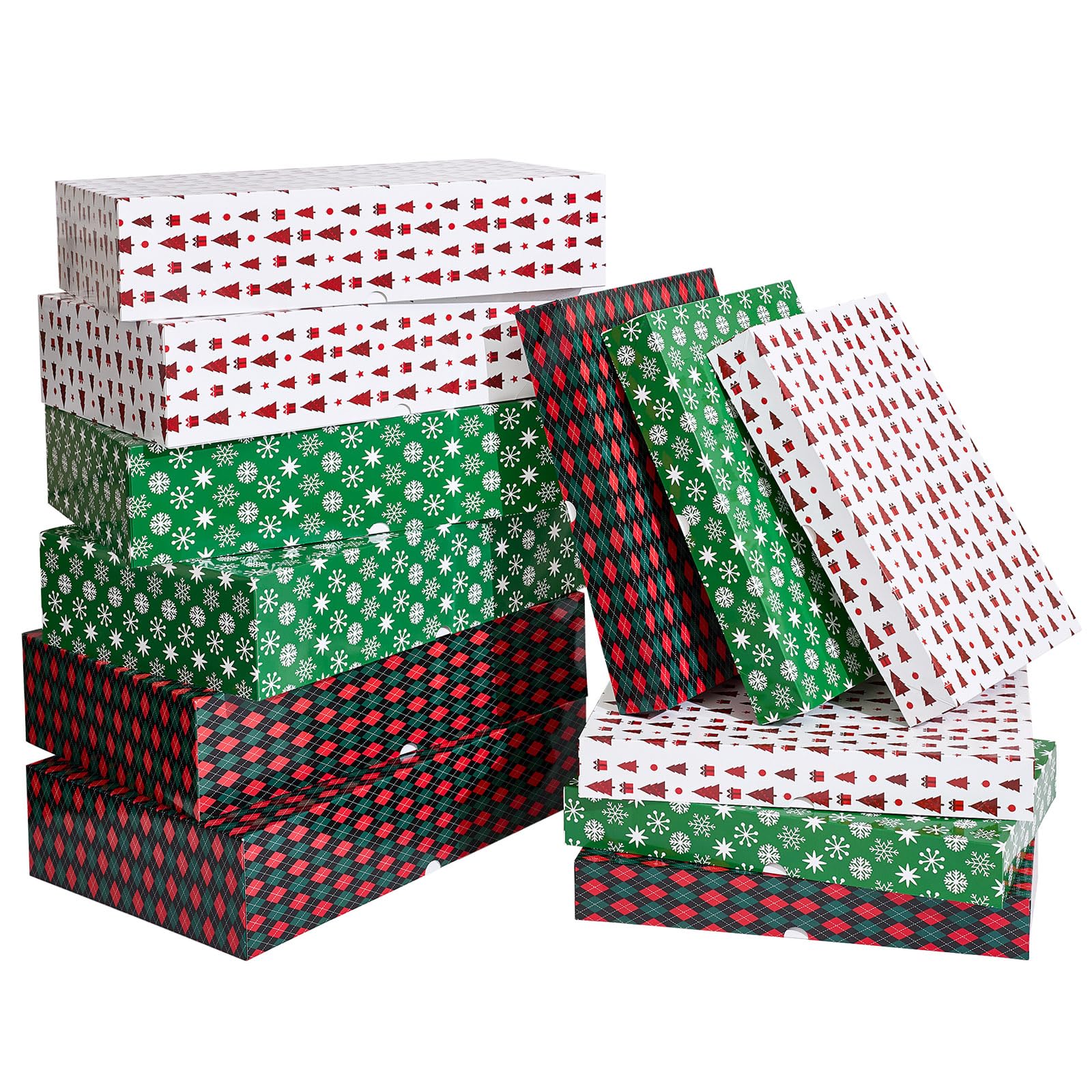 YANGTE 12 Christmas Gift Boxes with Lids for Presents Contains 6 X-Large Gift Boxes 4in Deep, 6 Large Shirt Boxes 2in Deep for Christmas, Holidays Wrapping Gifts Red, Green and White Shirt Boxes