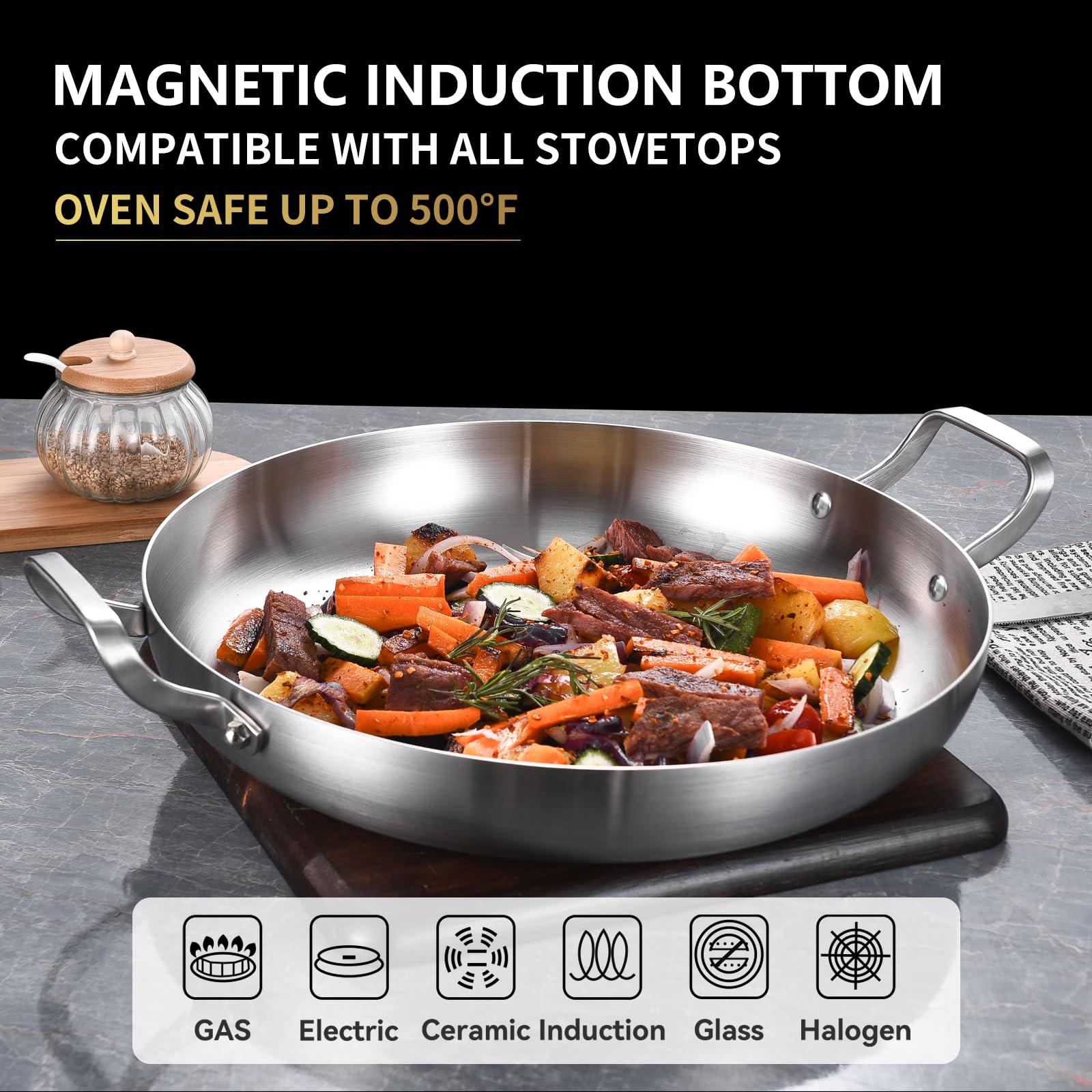 Inqibee 10-Inch Tri-Ply Stainless Steel Paella Pan with Lid,Omelet Pan,Large Skillet,Griddle Pan,Stir-Fry Pan,Jumbo Cooker,Induction Cooking Pan,Dishwasher and Oven Safe.