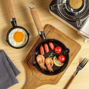 Cast Iron Small Egg Pan Even Heating Non Stick Coating Mini Frying Pan on Wood Handle