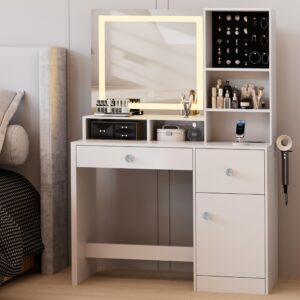 GEPELCN Vanity Desk with with LED Lighted Mirror&Power Outlet Makeup Vanity with 3 Drawers Dressing Table with Jewelry Foam Inserts Adjustable 3 Lighting Colorfor for Bedroom Dresser Room White