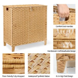 132 L Wicker Laundry Hamper with Lid 3 Section, Extra Large HandWoven Synthetic Rattan Wicker Laundry Basket with Removable Liner Bags for Bedroom Bathroom, Dirty Clothes Hampers Sorter Foldable