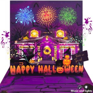 dtesl halloween card，with firework light and music, 3d pop-up halloween card for kids, friend, boyfriend, girlfriend, husband, him, women，halloween holiday cards (purple)