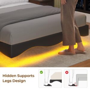 ADORNEVE Floating Bed Frame Queen Size with Storage Headboard & Led Lights, Leather Upholstered Platform Bed with Charging Station,RGB Floating Platform Bed, No Box Spring Needed, Noise-Free, PU Black