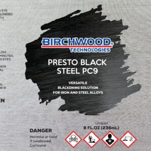 Birchwood Presto Black STEEL PC9 Technologies - versatile blackening solution for iron and steel alloys traditional patina steel blue and black oxide touch-up (8 oz)