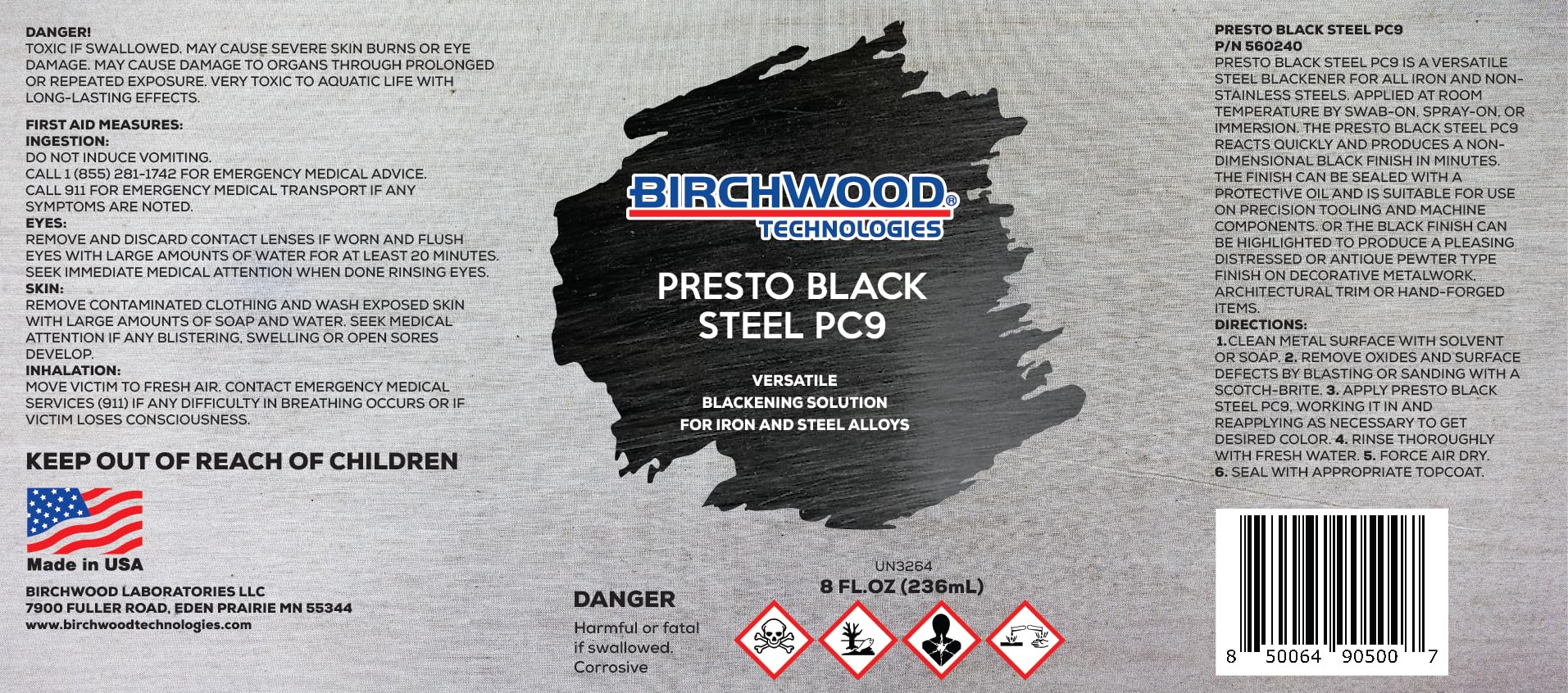 Birchwood Presto Black STEEL PC9 Technologies - versatile blackening solution for iron and steel alloys traditional patina steel blue and black oxide touch-up (8 oz)