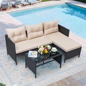 Greesum 3 Piece Patio Furniture Set Outdoor Wicker Rattan Sectional Sofa with Cushions & Coffee Table for Yard, Garden, Porch, Poolside, Light Beige