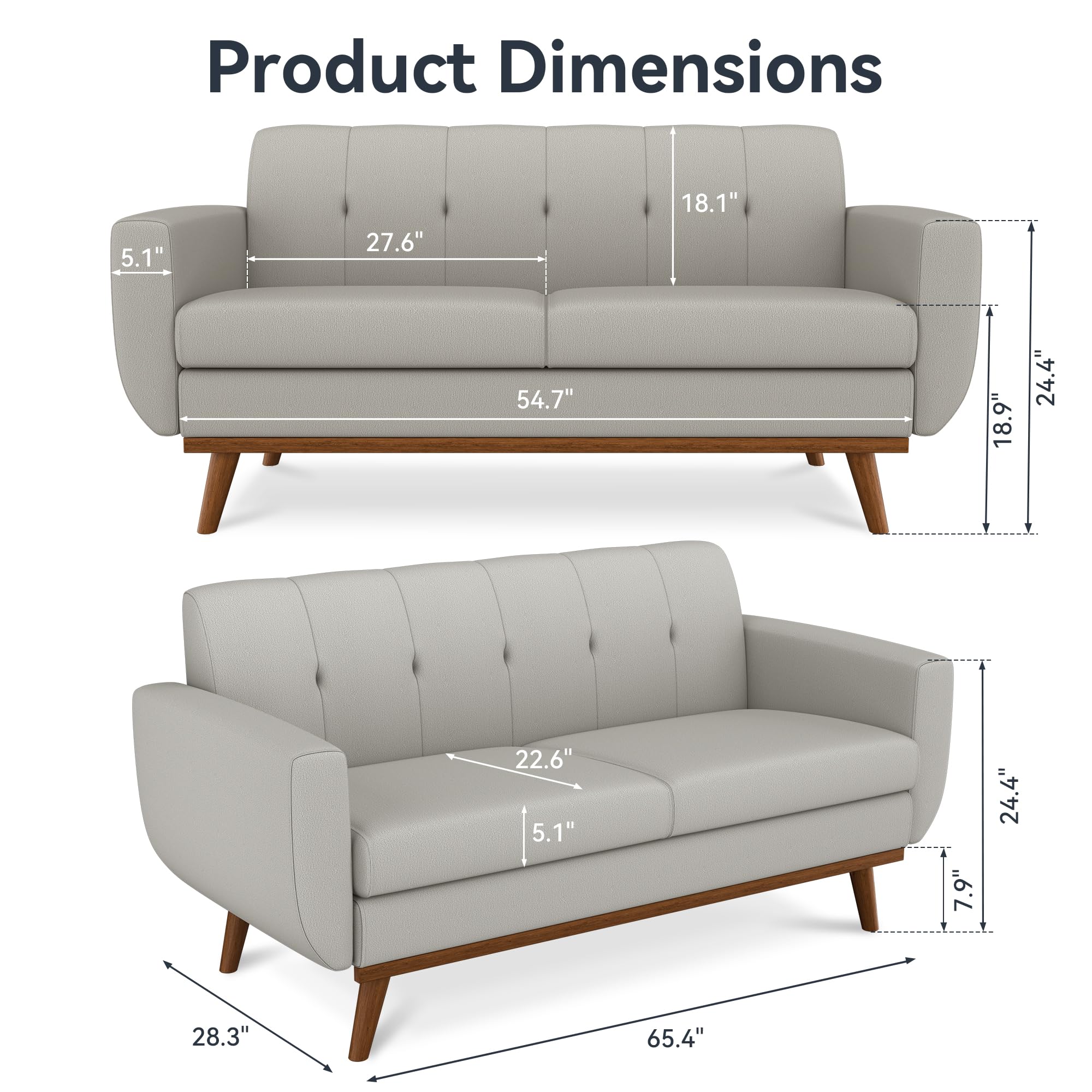 Cozysnooze 65.4" Loveseat Sofa,Memory Foam Futon Sofa Couch Sleeper,Linen Fabric Upholstered 2-Seat Sofa for Living Room,Apartment,Bedroom,Office,Grey