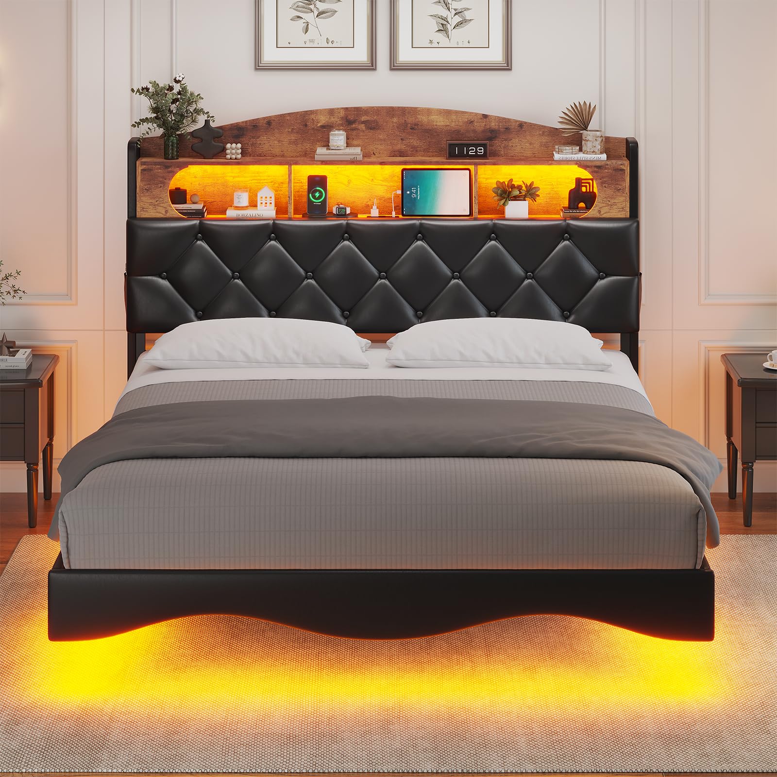 ADORNEVE Floating Bed Frame Queen Size with Storage Headboard & Led Lights, Leather Upholstered Platform Bed with Charging Station,RGB Floating Platform Bed, No Box Spring Needed, Noise-Free, PU Black