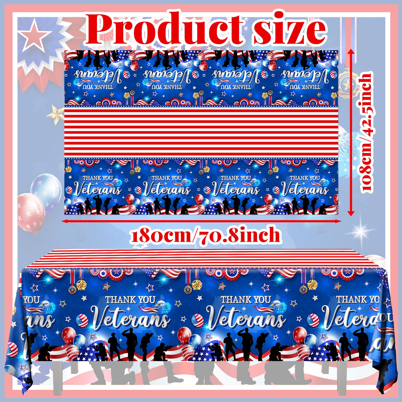 54*108 Inches Veterans Day Decorations Tablecloth, 3Pieces Thank You Veterans Tablecloth Happy Veterans Day Decorations Table Cover, Veterans Day Table Decorations for Patriotic Party Decorations