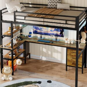 BTHFST Loft Bed Twin Size with L-Shape Desk & RGB LED Lights & Charging Station, Twin Bunk Bed with Fabric Drawers & Shlves, 13.4'' H Safety Guardrail, Noise Free, No Box Spring Needed