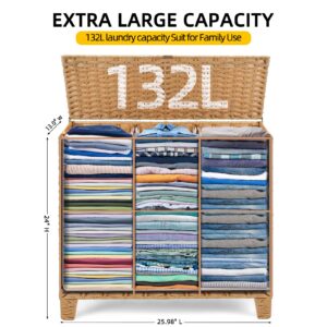 132 L Wicker Laundry Hamper with Lid 3 Section, Extra Large HandWoven Synthetic Rattan Wicker Laundry Basket with Removable Liner Bags for Bedroom Bathroom, Dirty Clothes Hampers Sorter Foldable