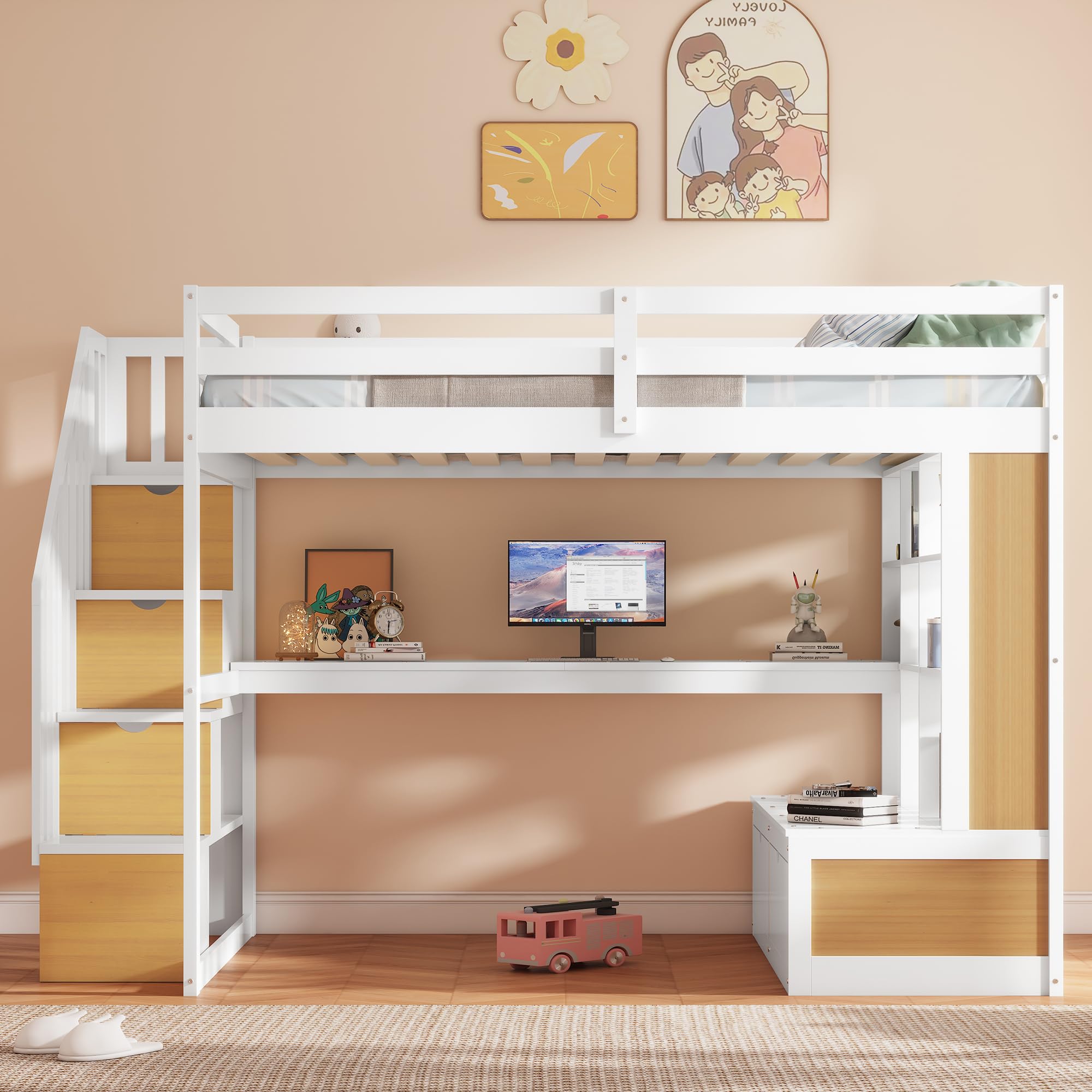 MERITLINE Full Size Loft Bed with Desk and Storage Stairs, Wood Loft Bed Full with Shelves & 2 Storage Drawers,Full Loft Bed with Desk Underneath for Kids Teens Boys Girls,White and Natural