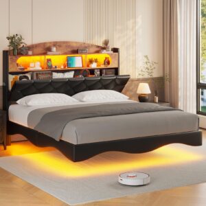 adorneve floating bed frame queen size with storage headboard & led lights, leather upholstered platform bed with charging station,rgb floating platform bed, no box spring needed, noise-free, pu black