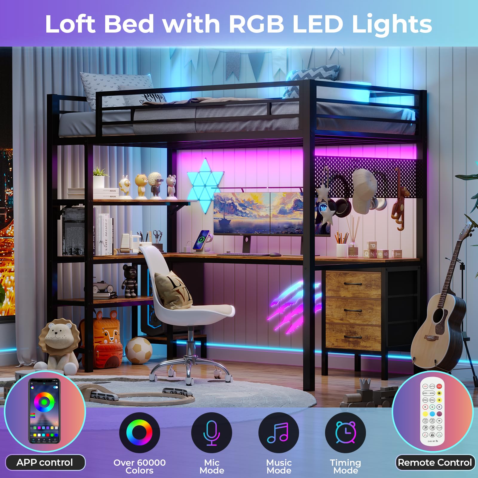 BTHFST Loft Bed Twin Size with L-Shape Desk & RGB LED Lights & Charging Station, Twin Bunk Bed with Fabric Drawers & Shlves, 13.4'' H Safety Guardrail, Noise Free, No Box Spring Needed