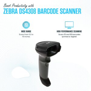 DS4308 Zebra Symbol Barcode Scanner Bundle - Omnidirectional, Corded, Handheld, Standard Range - 1 Year Warranty - with New USB Cable & Microfiber Cleaning Cloth (Renewed)