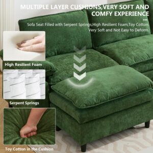 Aoowow Chenille 3 Seater Sofa Couch with Ottoman,Modular Sectional L-Shaped Sofa with Pillowed Arms,Modern Cloud Sofas with for Living Room,Office (Chenille Green, 3 Seater with 1 Ottoman)