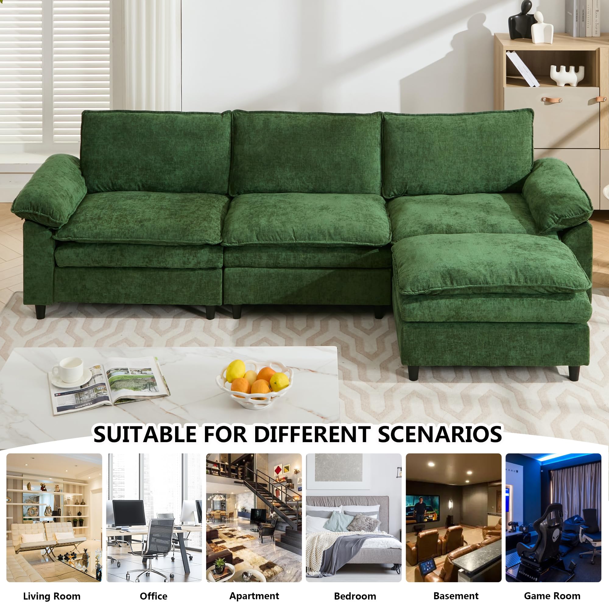 Aoowow Chenille 3 Seater Sofa Couch with Ottoman,Modular Sectional L-Shaped Sofa with Pillowed Arms,Modern Cloud Sofas with for Living Room,Office (Chenille Green, 3 Seater with 1 Ottoman)