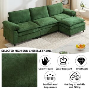 Aoowow Chenille 3 Seater Sofa Couch with Ottoman,Modular Sectional L-Shaped Sofa with Pillowed Arms,Modern Cloud Sofas with for Living Room,Office (Chenille Green, 3 Seater with 1 Ottoman)