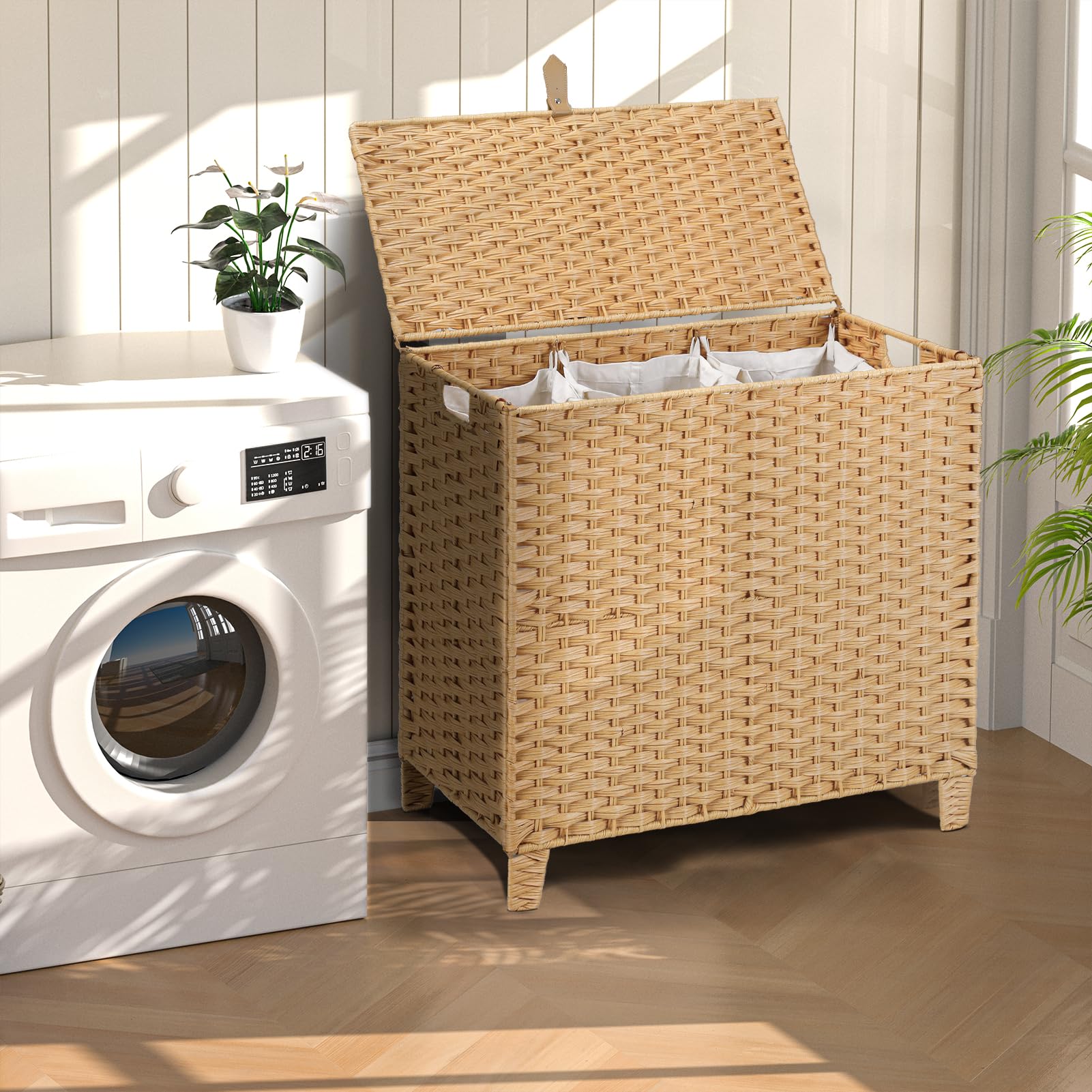 132 L Wicker Laundry Hamper with Lid 3 Section, Extra Large HandWoven Synthetic Rattan Wicker Laundry Basket with Removable Liner Bags for Bedroom Bathroom, Dirty Clothes Hampers Sorter Foldable