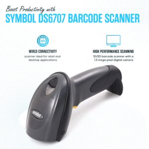 DS6707 Zebra Symbol Barcode Scanner Bundle - Omnidirectional, 1D/2D, Corded, Handheld, Standard Range - 1 Year Warranty - with New USB Cable & Microfiber Cleaning Cloth (Renewed)