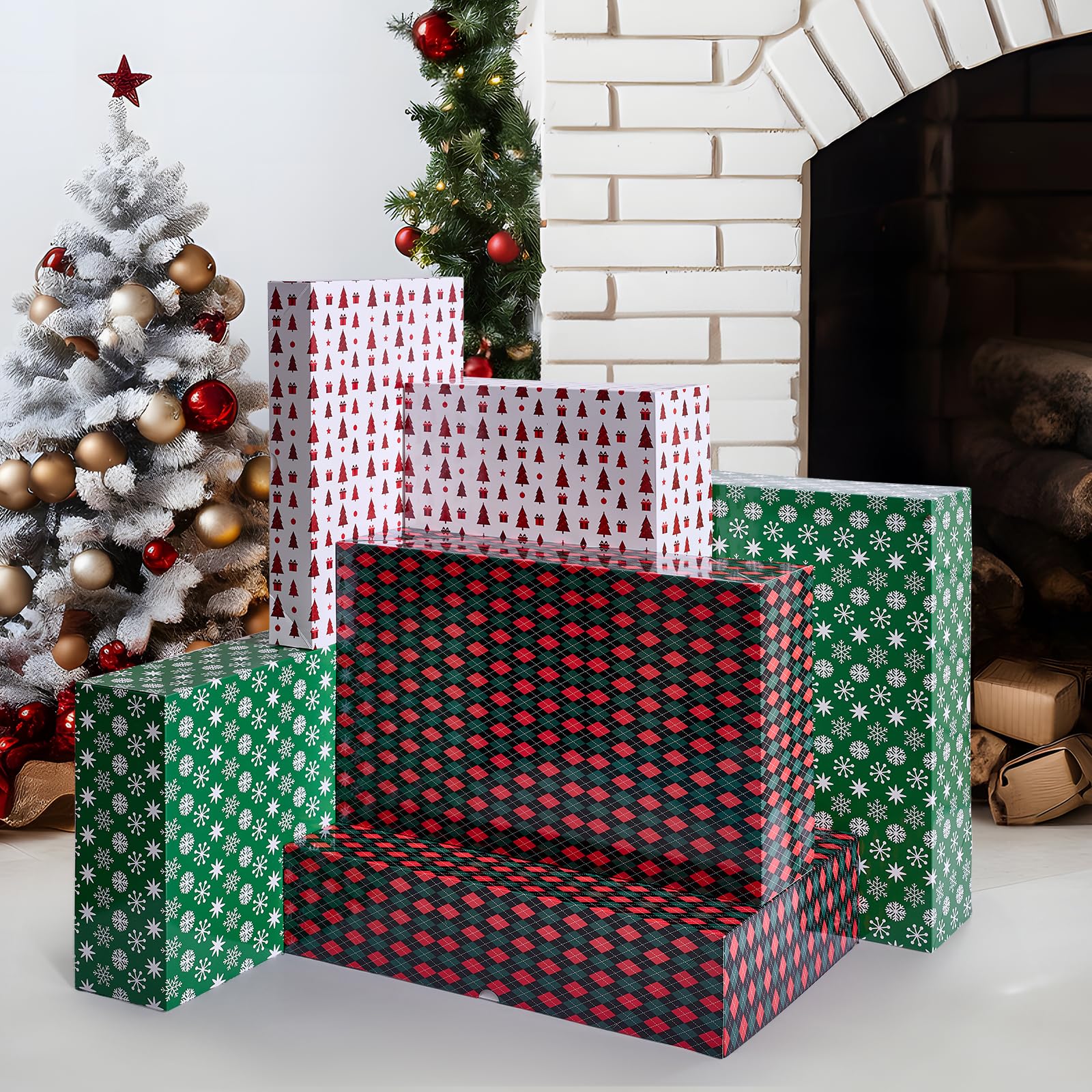 YANGTE 12 Christmas Gift Boxes with Lids for Presents Contains 6 X-Large Gift Boxes 4in Deep, 6 Large Shirt Boxes 2in Deep for Christmas, Holidays Wrapping Gifts Red, Green and White Shirt Boxes