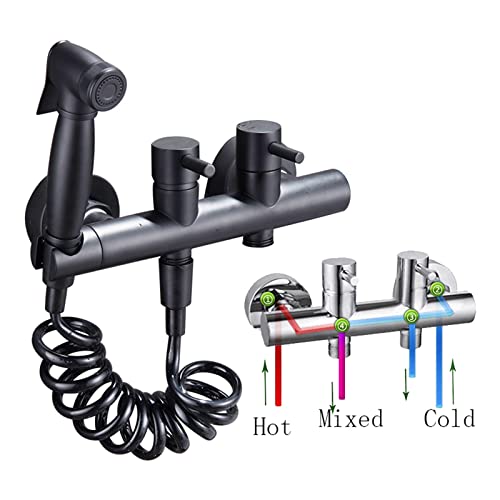 MINJING Bidet Sprayer Kit for Toilet with Spring Hose Bidet Attachment Faucet Sprayer Kit for Toilet Double Handle Hot and Cold Bathroom Toilet Bidet Mixer Spray Kit,Black