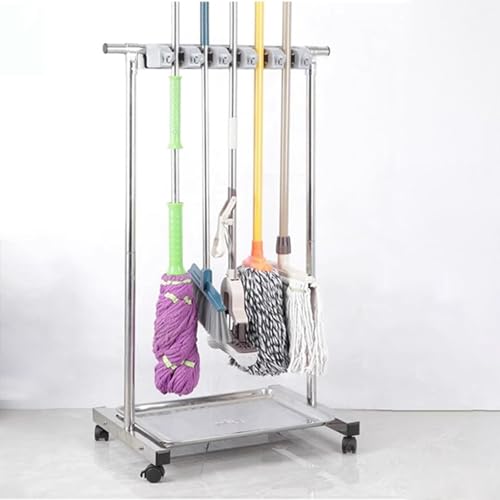 OMESDA Broom Holder Organizer, Movable Closet Storage Cabinet Mop Rack, Floor Standing Cleaning Supplies Tool Cart for Garden Garage