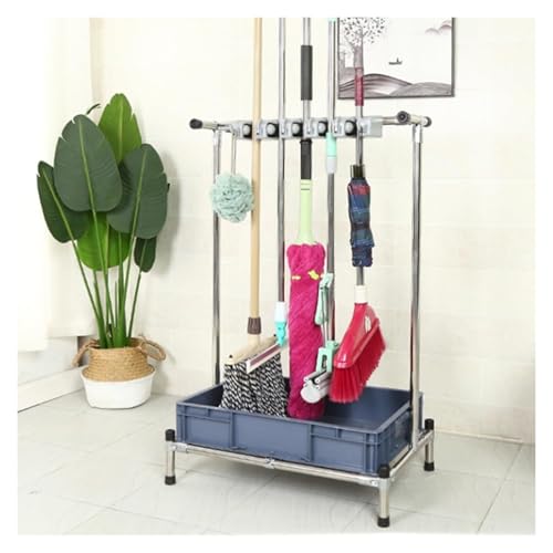 OMESDA Mop and Broom Holder with Wheels, Stainless Steel Mop Rack, Cleaning Supplies Organizer, Housekeeping Station Storage Tools for Garage(Fixed,60x42x105cm)