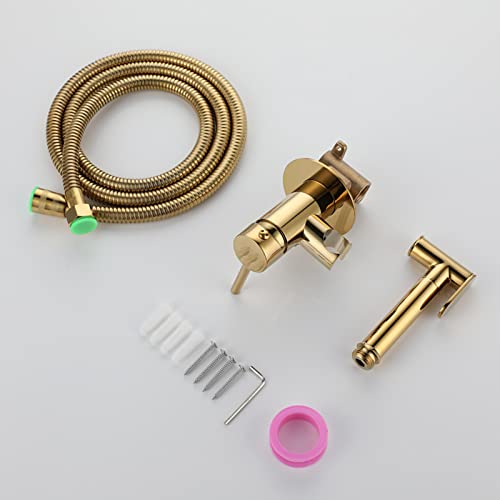 MINJING Wall Mounted Toilet Shower Spray Mixer Set Brushed Gold Hot and Cold Bidet Sprayer Kit for Toilet with Shower Hose Bidet Attachment Faucet Sprayer Kit for Toilet