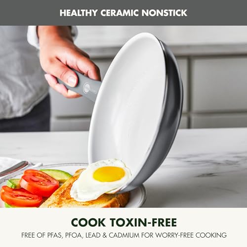 GreenPan Dover 8” 10” and 12” 3 Piece Frying Pan Skillet Set, Non-Toxic PFAS-Free Ceramic Nonstick Coating, Sear Saute Fry Egg Omlete, Dishwasher & Oven Safe, Stay Cool Handle, Easy Pour Rims, Gray