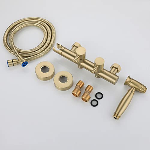 MINJING Bidet Sprayer Kit for Toilet Brushed Gold Multifunction Bidet Tap Wall Mounted Sprayer with Button Bathroom Toilet Bidet Mixer Spray Kit