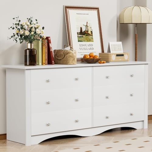 Shahoo Dresser for Bedroom with 6 Drawers Wide Chest Storage Organizer and TV Stand for Living Room, Closet, Hallway, Dormitory,White