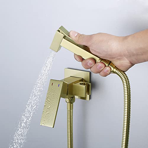 MINJING Concealed Handheld Bidet Sprayer Kit Brushed Gold Hot and Cold Hand Held Sprayer Toilet Attachment with Shower Hose Bathroom Toilet Bidet Mixer Spray Kit,B