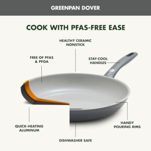 GreenPan Dover 8” 10” and 12” 3 Piece Frying Pan Skillet Set, Non-Toxic PFAS-Free Ceramic Nonstick Coating, Sear Saute Fry Egg Omlete, Dishwasher & Oven Safe, Stay Cool Handle, Easy Pour Rims, Gray