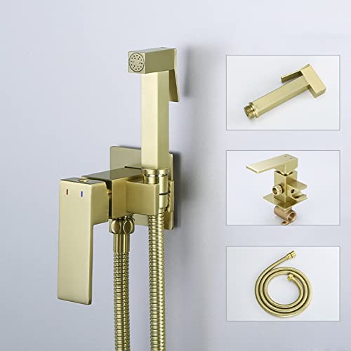 MINJING Concealed Handheld Bidet Sprayer Kit Brushed Gold Hot and Cold Hand Held Sprayer Toilet Attachment with Shower Hose Bathroom Toilet Bidet Mixer Spray Kit,B