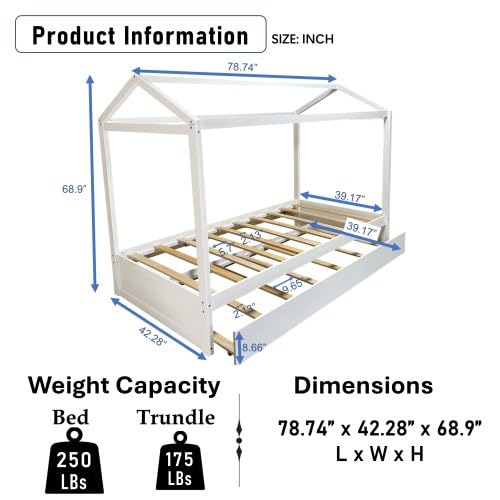 PVWIIK Twin Size Floor Bed with Trundle & Roof Design for Kids, Girls, Boys,Solid Wood Bedframe,Easy Assembly & No Box Spring Needed, White