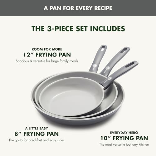 GreenPan Dover 8” 10” and 12” 3 Piece Frying Pan Skillet Set, Non-Toxic PFAS-Free Ceramic Nonstick Coating, Sear Saute Fry Egg Omlete, Dishwasher & Oven Safe, Stay Cool Handle, Easy Pour Rims, Gray