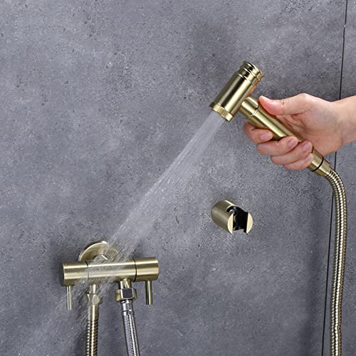 MINJING Handheld Bidet Sprayer Kit Brushed Gold Cold Water Tap Bidet Tap Sprayer Wall Mounted Double Handle Double Function Toilet Bidet Douche Spray, B