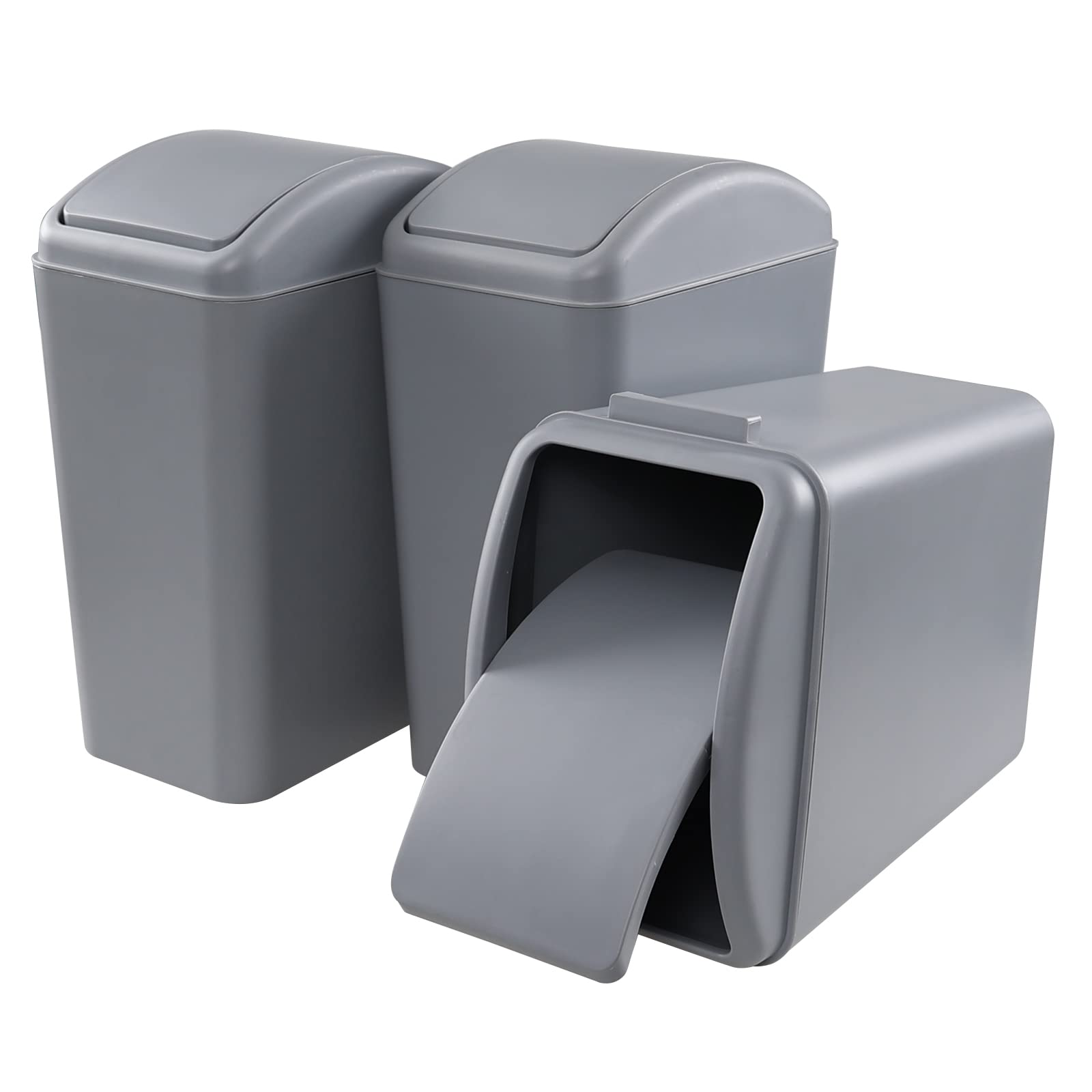 Sandmovie 3-Pack Swing Top Trash Bins, 4.5 Gallon Plastic Garbage Can with Lid, Gray