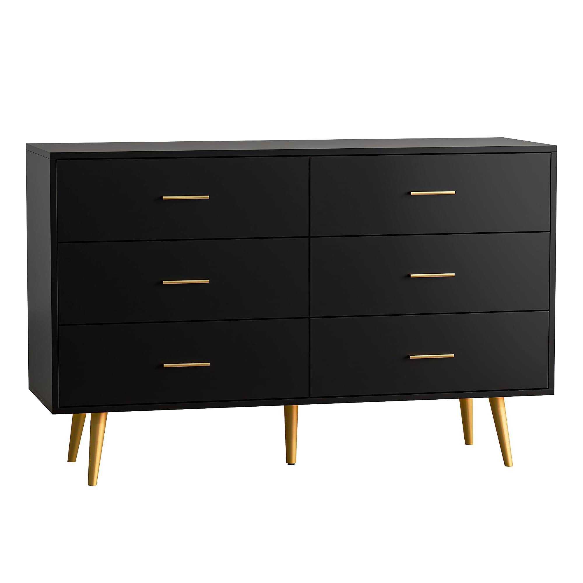 JOZZBY Dresser for Bedroom with 6 Drawers, Black Wooden Dresser with Golden Handles, Modern Chests of Drawer Storage Organizer for Hallway, Entryway